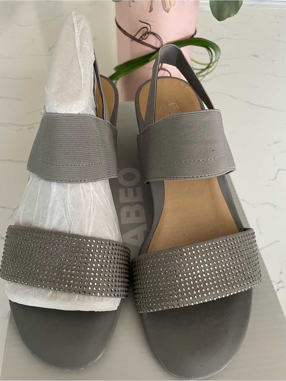 Abeo Gray Slingback Sandals with Studded Toe Strap